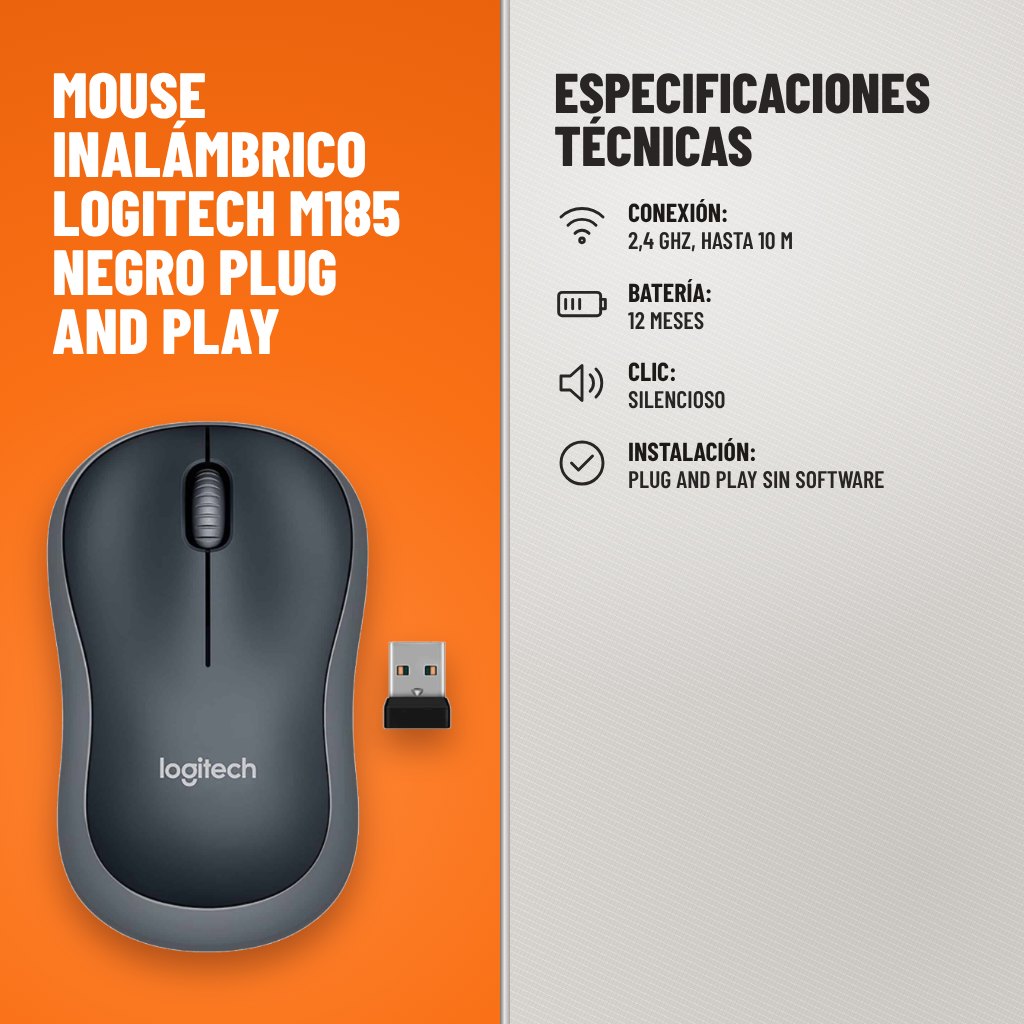 Especificaciones técnicas de Mouse Inalámbrico Logitech M185 Negro Plug and Play