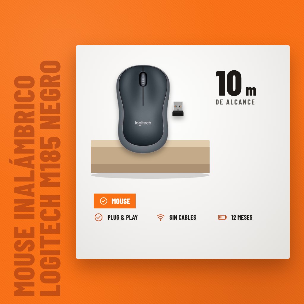 Mouse Inalámbrico Logitech M185 Negro Plug and Play sobre soporte con sus beneficios principales