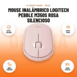 Mouse Inalámbrico Logitech Pebble M350s Rosa Silencioso: imagen promocional con ultra- delgado, silent- touch, doble conexión, hasta 18 meses