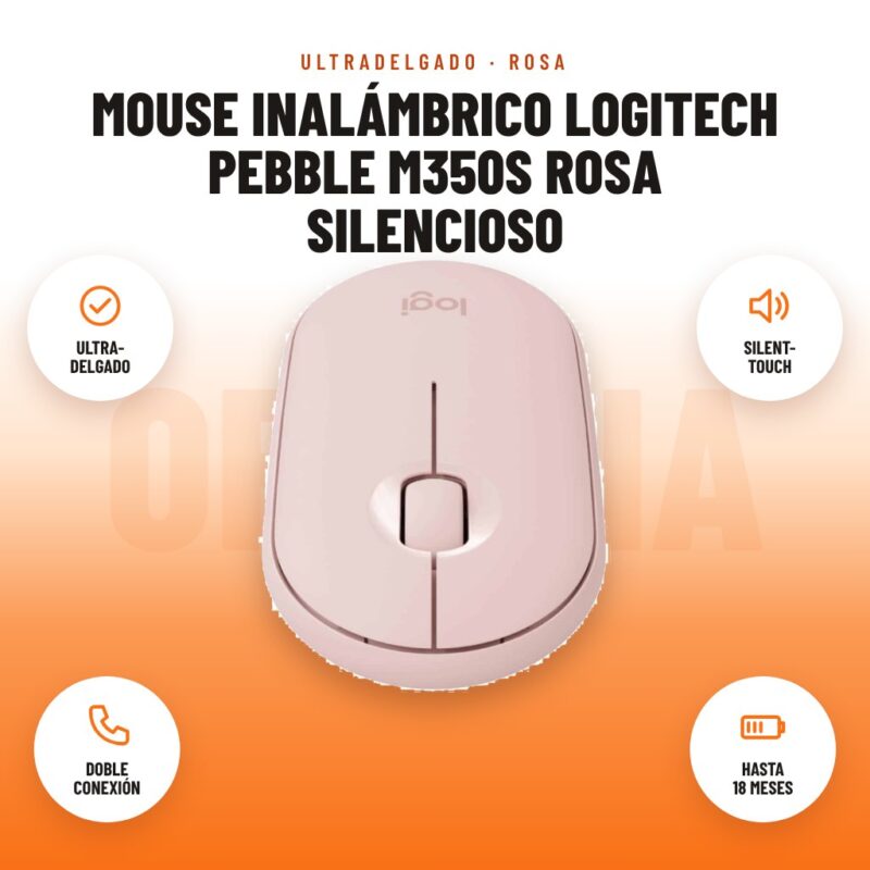 Mouse Inalámbrico Logitech Pebble M350s Rosa Silencioso: imagen promocional con ultra- delgado, silent- touch, doble conexión, hasta 18 meses