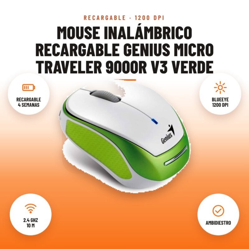 Mouse Inalámbrico Recargable Genius Micro Traveler 9000R V3 Verde: imagen promocional con recargable 4 semanas, blueeye 1200 dpi, 2.4 ghz 10 m, ambidiestro