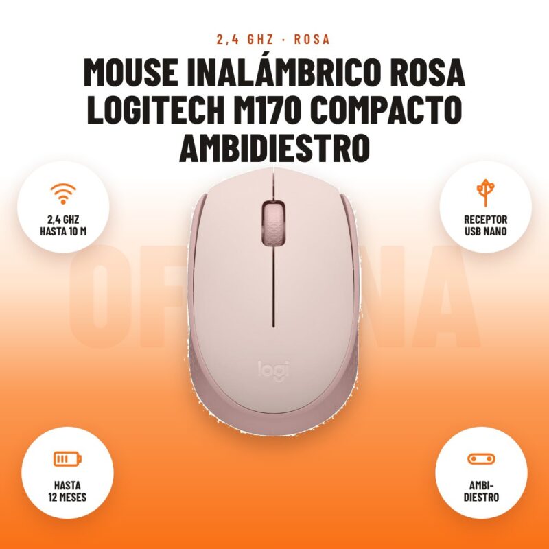 Mouse Inalámbrico Rosa Logitech M170 Compacto Ambidiestro: imagen promocional con 2,4 ghz hasta 10 m, receptor usb nano, hasta 12 meses, ambi- diestro