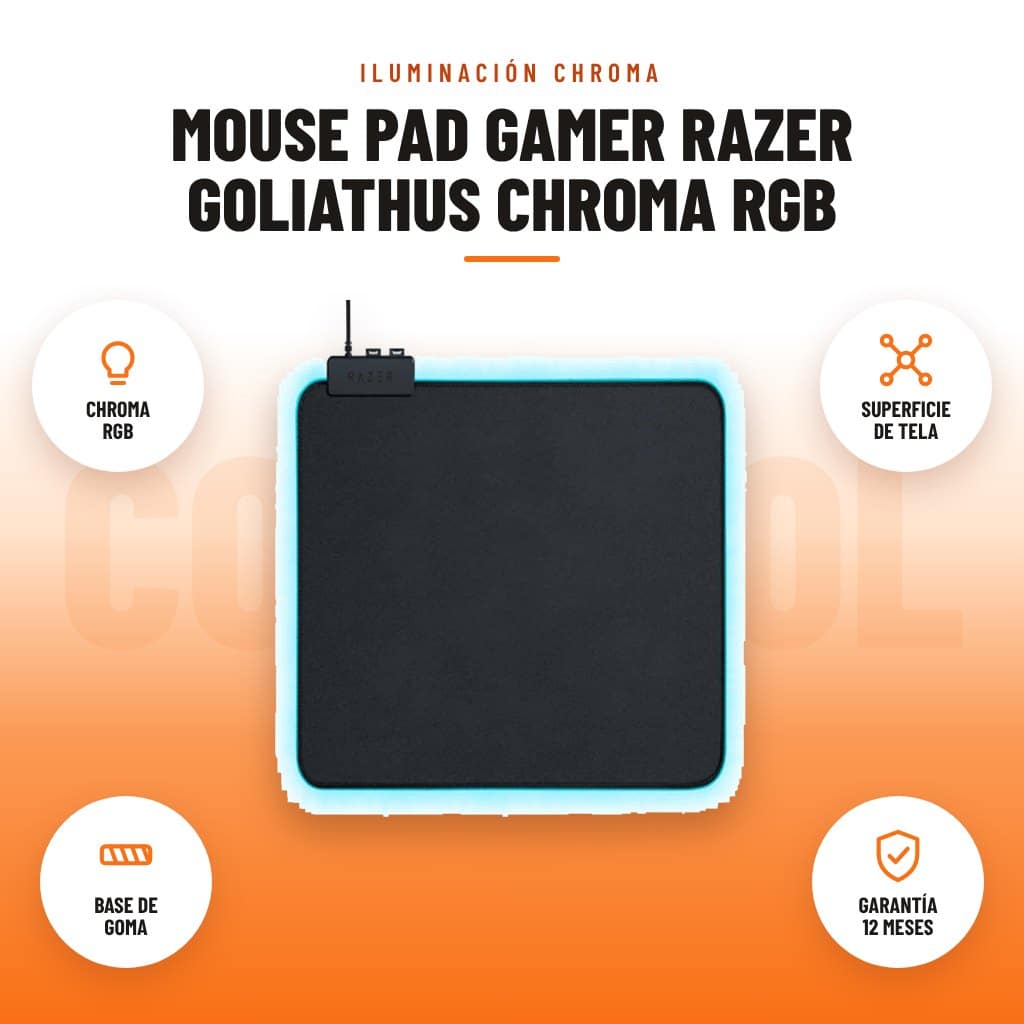 Mouse Pad Gamer Razer Goliathus Chroma RGB: imagen promocional con chroma rgb, superficie de tela, base de goma, garantía 12 meses