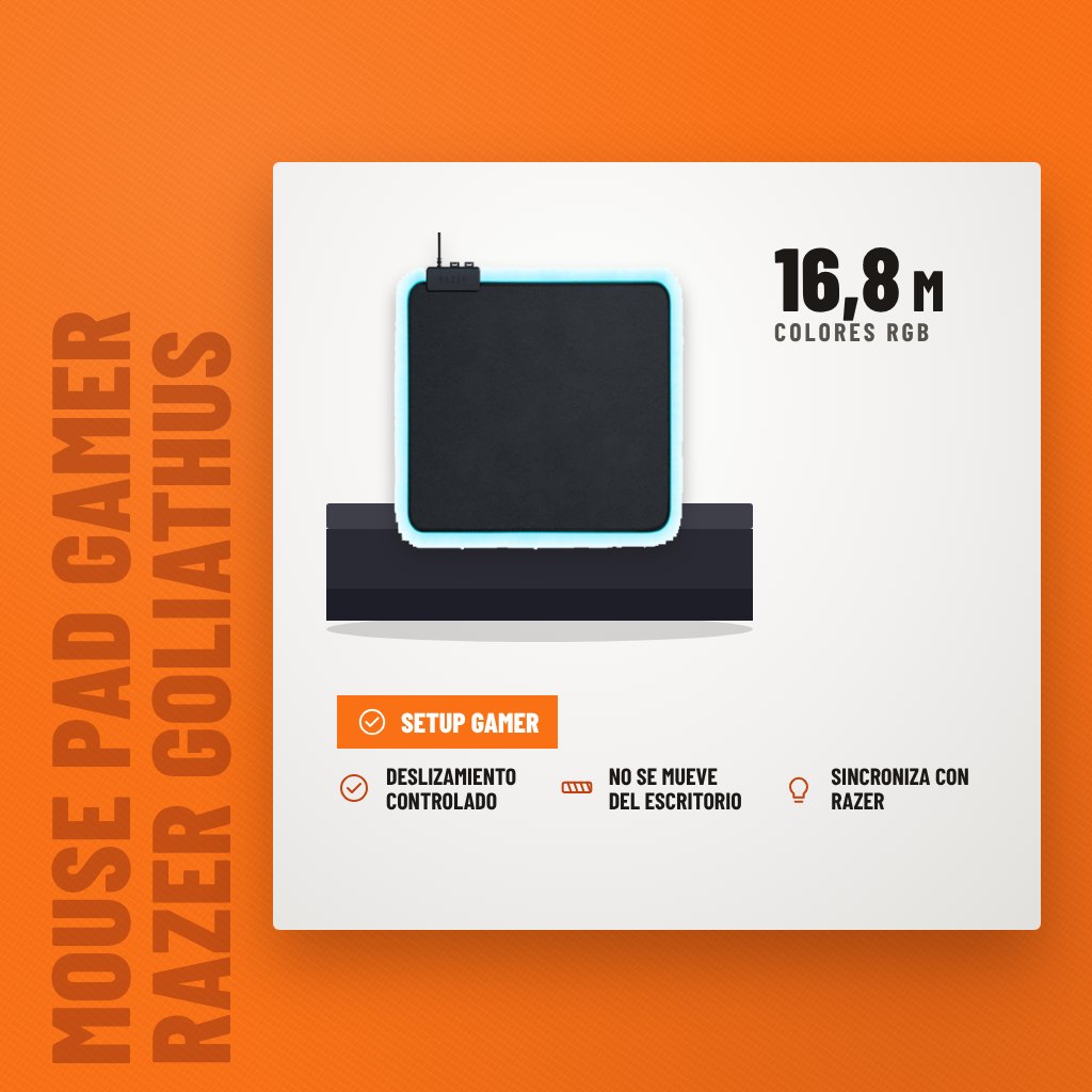 Mouse Pad Gamer Razer Goliathus Chroma RGB sobre soporte con sus beneficios principales
