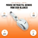 Mouse Retráctil Genius Mini USB Blanco: imagen promocional con cable retráctil 80 cm, sensor 1200 dpi, usb plug and play, sin pilas
