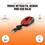 Mouse Retráctil Genius Mini USB Rojo: imagen promocional con cable retráctil 80 cm, sensor 1200 dpi, usb plug and play, sin pilas