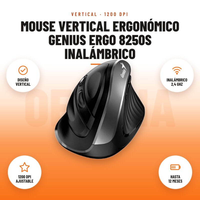 Mouse Vertical Ergonómico Genius Ergo 8250S Inalámbrico: imagen promocional con diseño vertical, inalámbrico 2,4 ghz, 1200 dpi ajustable, hasta 12 meses