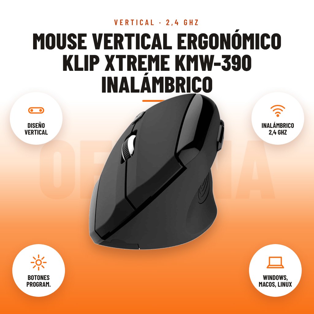 Mouse Vertical Ergonómico Klip Xtreme KMW-390 Inalámbrico: imagen promocional con diseño vertical, inalámbrico 2,4 ghz, botones program., windows, macos, linux