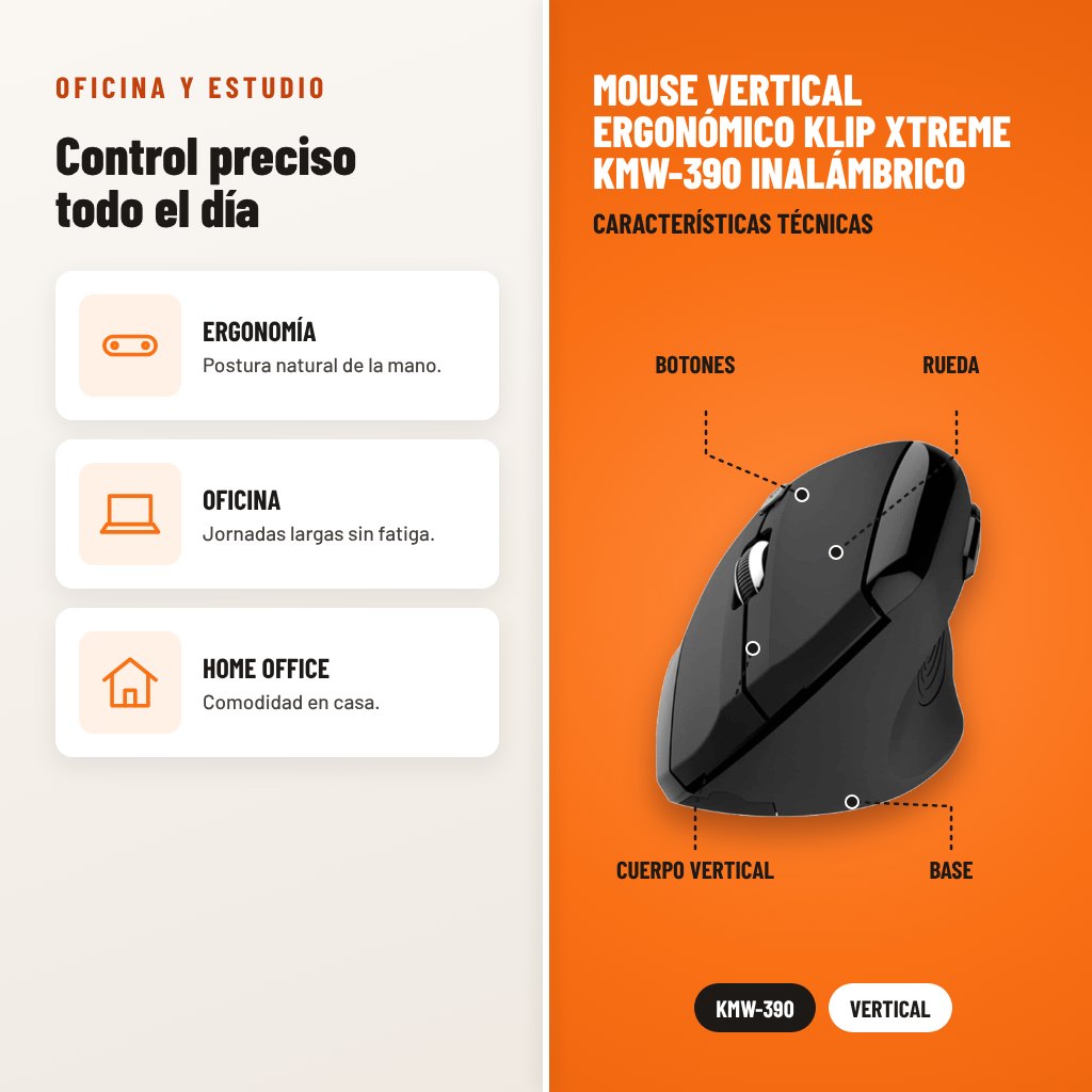 Mouse Vertical Ergonómico Klip Xtreme KMW-390 Inalámbrico: usos y características técnicas señaladas