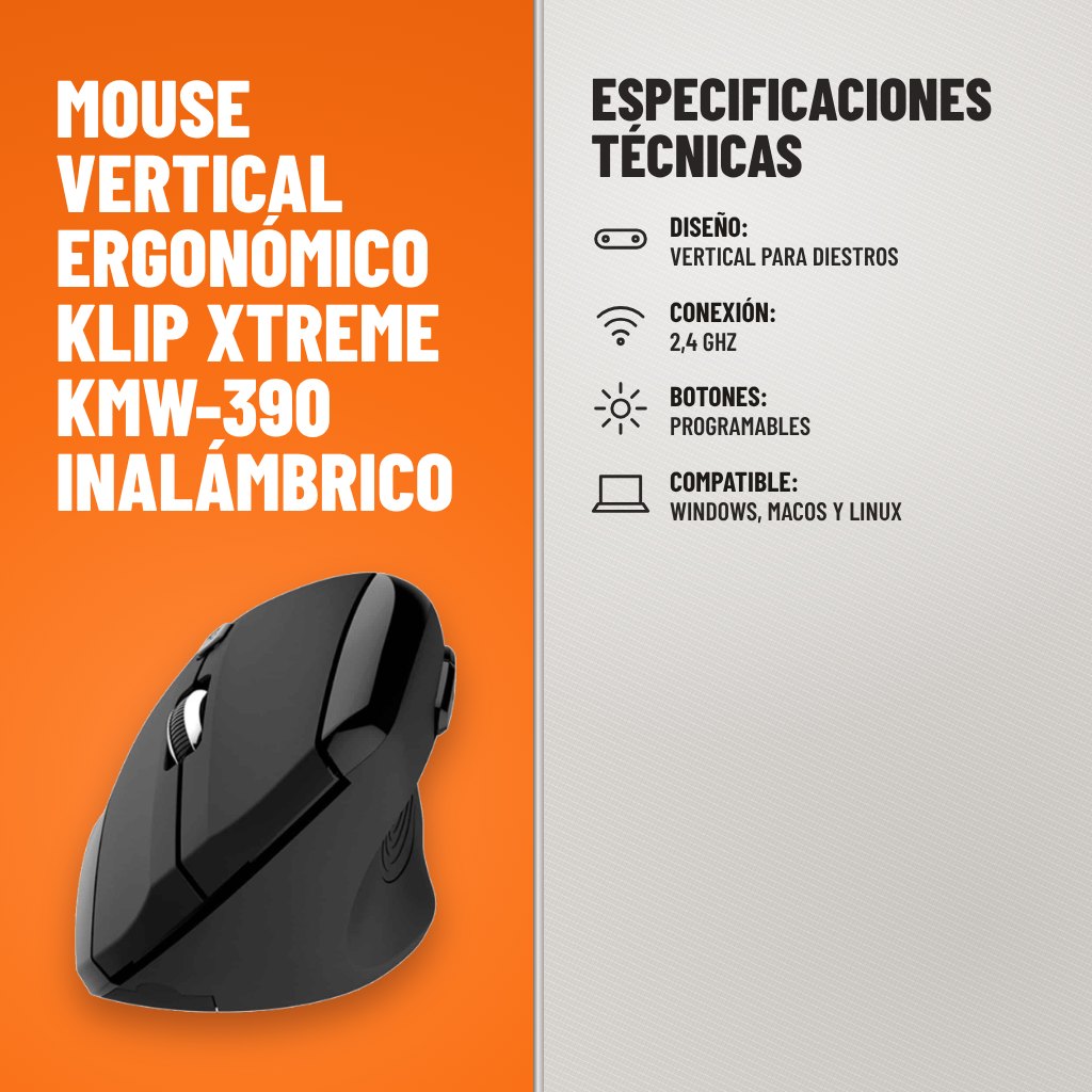 Especificaciones técnicas de Mouse Vertical Ergonómico Klip Xtreme KMW-390 Inalámbrico