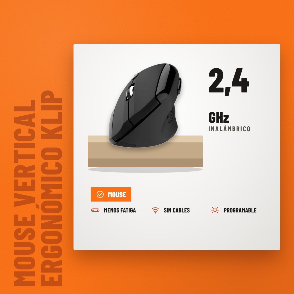Mouse Vertical Ergonómico Klip Xtreme KMW-390 Inalámbrico sobre soporte con sus beneficios principales