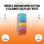 Mueble Organizador Rattan 5 Cajones Colplast R1172: imagen promocional con 5 cajones, 114 cm de alto, no le teme a la humedad, sin herramientas