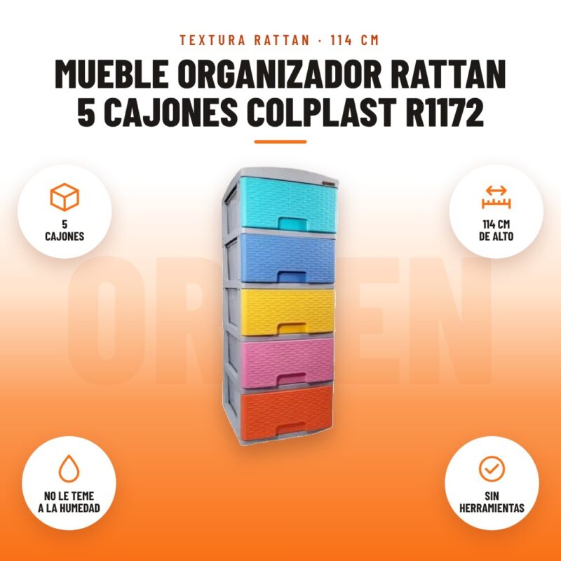 Mueble Organizador Rattan 5 Cajones Colplast R1172: imagen promocional con 5 cajones, 114 cm de alto, no le teme a la humedad, sin herramientas