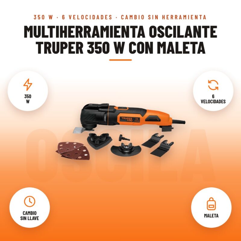 Multiherramienta Oscilante Truper 350 W con Maleta: imagen promocional con 350 w, 6 velocidades, cambio sin llave, maleta