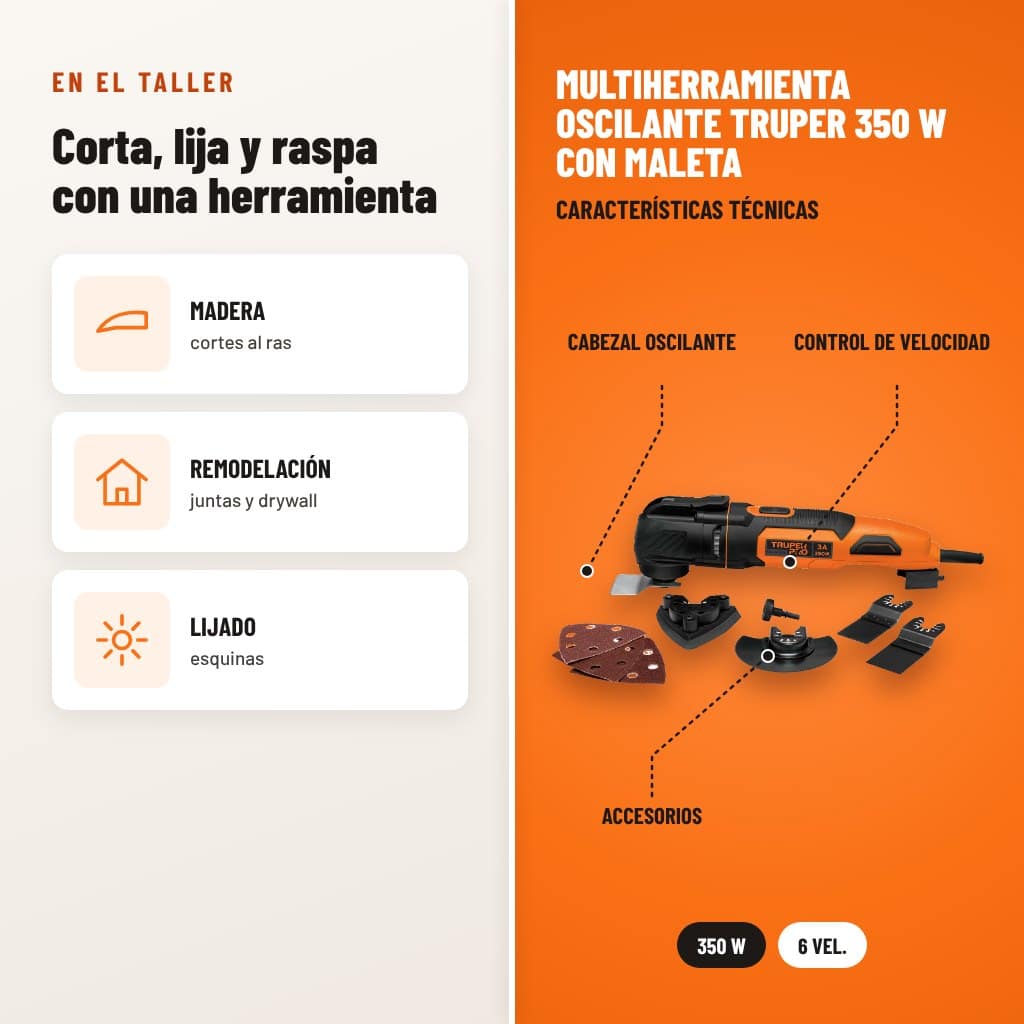 Multiherramienta Oscilante Truper 350 W con Maleta: usos y características técnicas señaladas