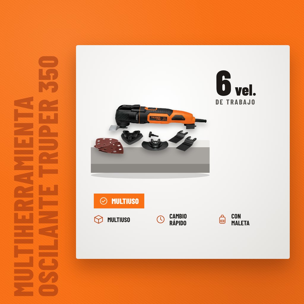 Multiherramienta Oscilante Truper 350 W con Maleta sobre soporte con sus beneficios principales