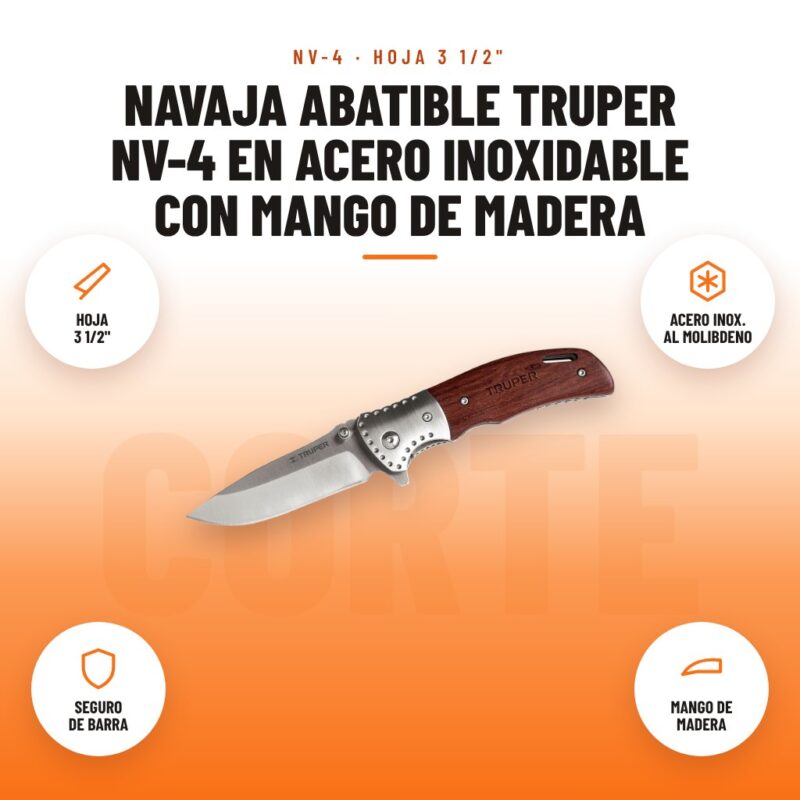 Navaja Abatible Truper NV-4 en Acero Inoxidable con Mango de Madera: imagen promocional con hoja 3 1/2", acero inox. al molibdeno, seguro de barra, mango de madera