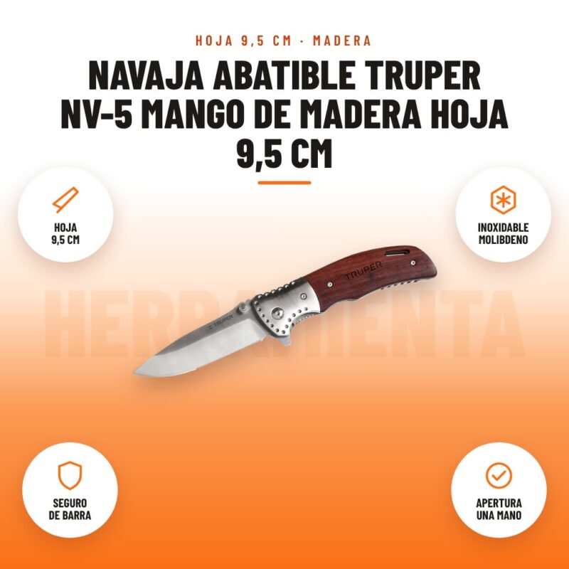 Navaja Abatible Truper NV-5 Mango de Madera Hoja 9,5 cm: imagen promocional con hoja 9,5 cm, inoxidable molibdeno, seguro de barra, apertura una mano