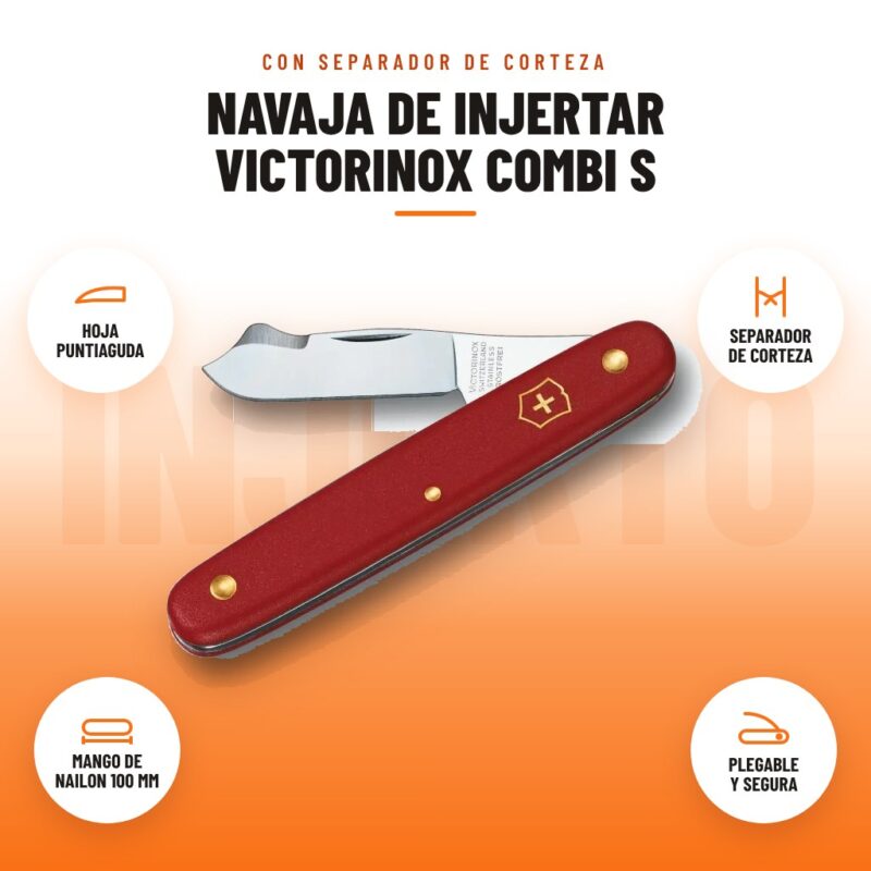 Navaja de injertar Victorinox Combi S con iconos de hoja puntiaguda, separador de corteza, mango de nailon de 100 mm y diseño plegable
