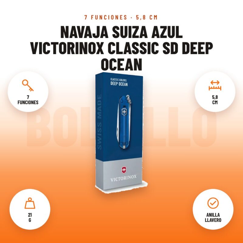 Navaja Suiza Azul Victorinox Classic SD Deep Ocean: imagen promocional con 7 funciones, 5,8 cm, 21 g, anilla llavero