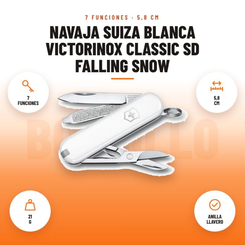 Navaja Suiza Blanca Victorinox Classic SD Falling Snow: imagen promocional con 7 funciones, 5,8 cm, 21 g, anilla llavero
