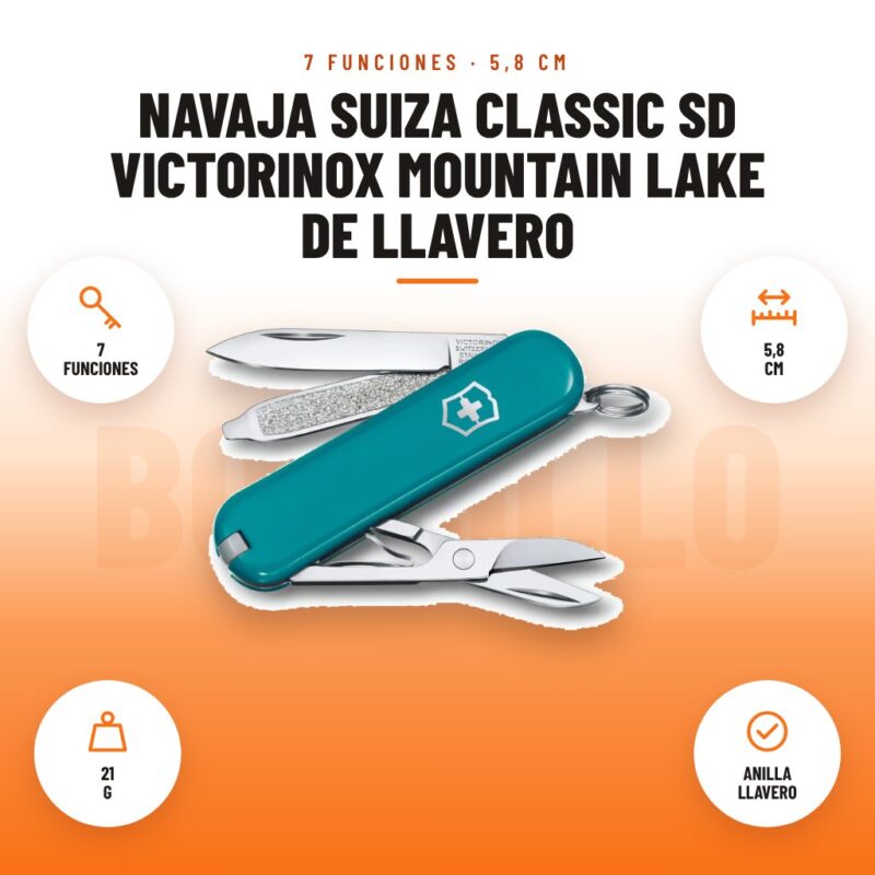 Navaja Suiza Classic SD Victorinox Mountain Lake de Llavero: imagen promocional con 7 funciones, 5,8 cm, 21 g, anilla llavero