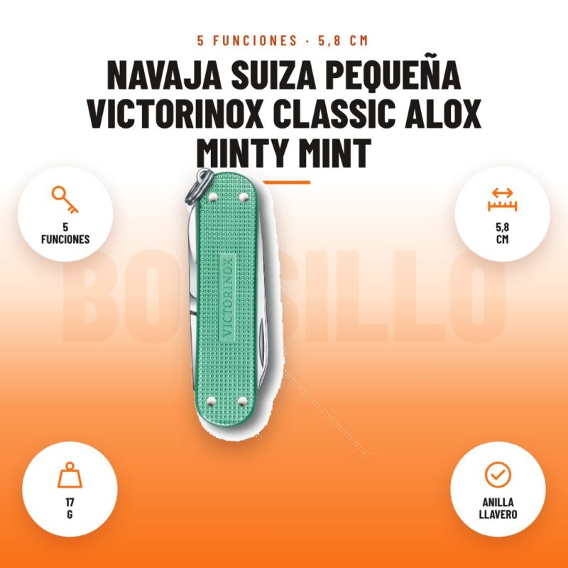 Navaja Suiza Pequeña Victorinox Classic Alox Minty Mint: imagen promocional con 5 funciones, 5,8 cm, 17 g, anilla llavero
