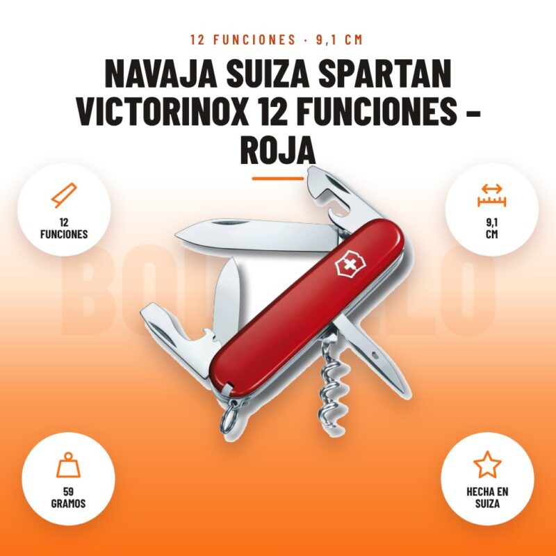 Navaja Suiza Spartan Victorinox 12 Funciones – Roja: imagen promocional con 12 funciones, 9,1 cm, 59 gramos, hecha en suiza