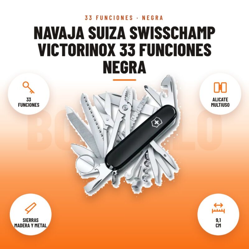 Navaja Suiza SwissChamp Victorinox 33 Funciones Negra: imagen promocional con 33 funciones, alicate multiuso, sierras madera y metal, 9,1 cm