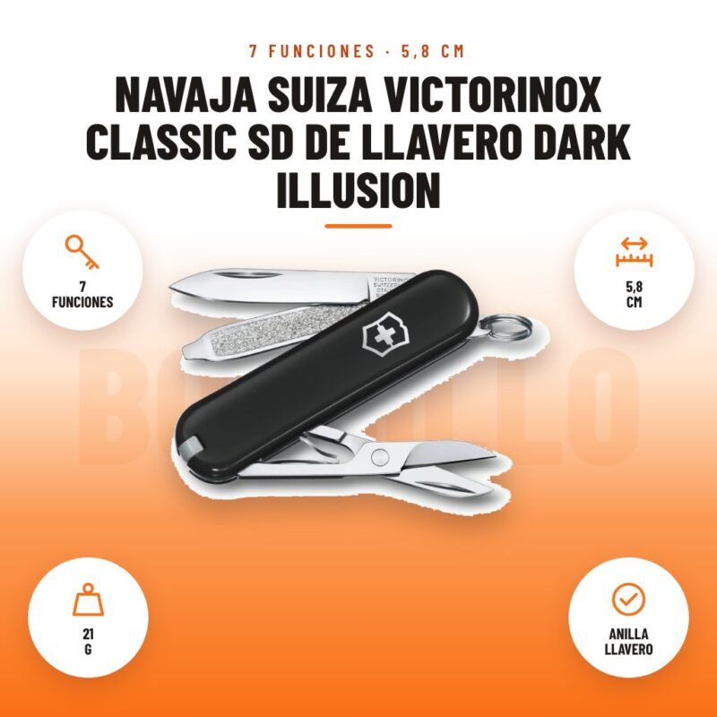 Navaja Suiza Victorinox Classic SD de Llavero Dark Illusion: imagen promocional con 7 funciones, 5,8 cm, 21 g, anilla llavero