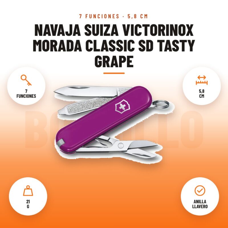 Navaja Suiza Victorinox Morada Classic SD Tasty Grape: imagen promocional con 7 funciones, 5,8 cm, 21 g, anilla llavero