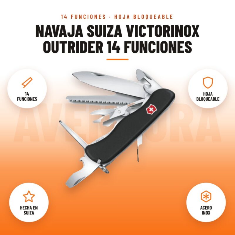 Navaja Suiza Victorinox Outrider 14 Funciones: imagen promocional con 14 funciones, hoja bloqueable, hecha en suiza, acero inox
