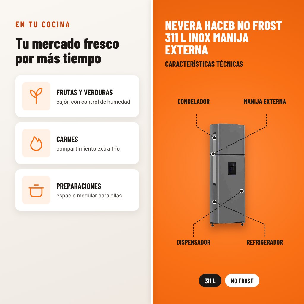 Nevera Haceb No Frost 311 L Inox Manija Externa: usos y características técnicas señaladas