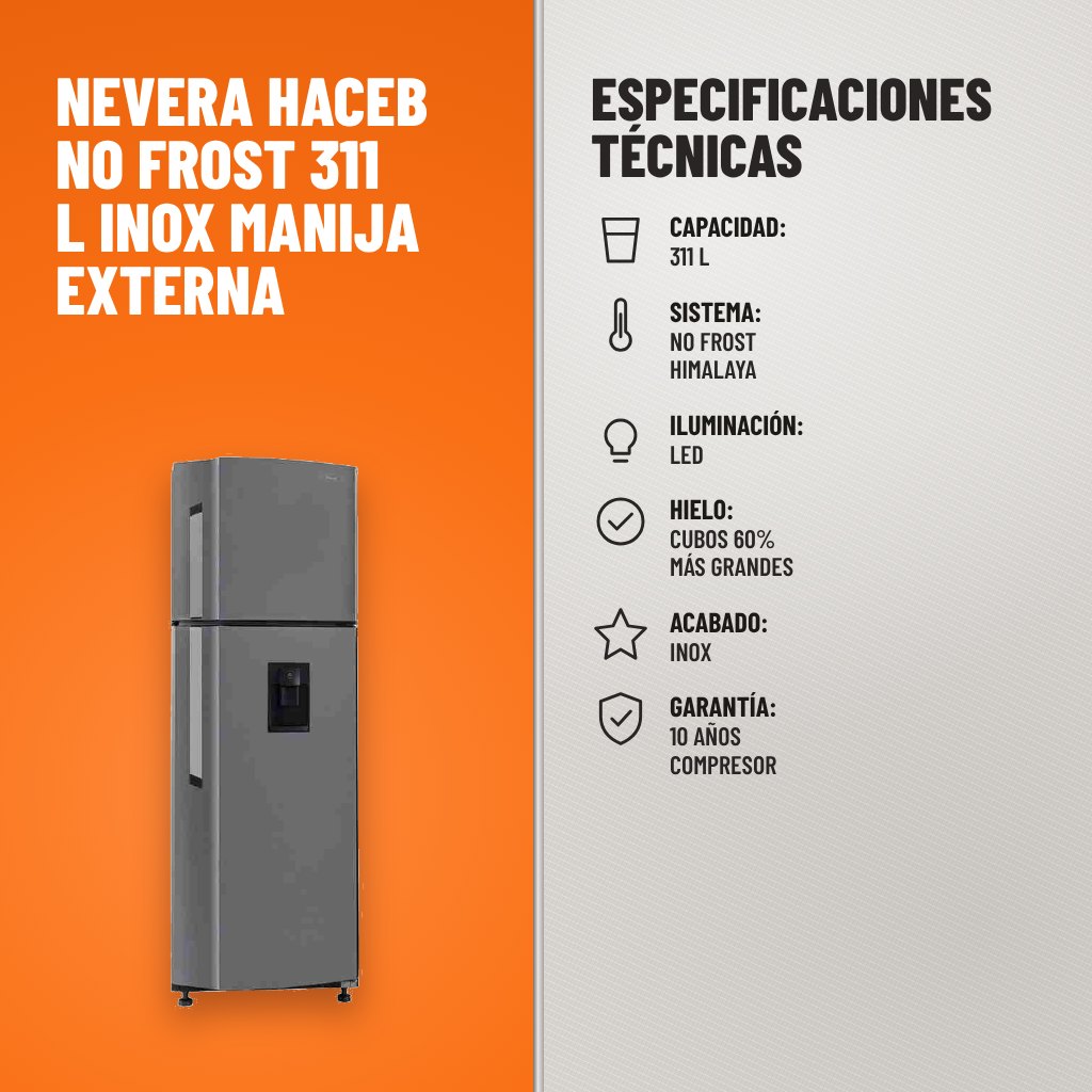 Especificaciones técnicas de Nevera Haceb No Frost 311 L Inox Manija Externa