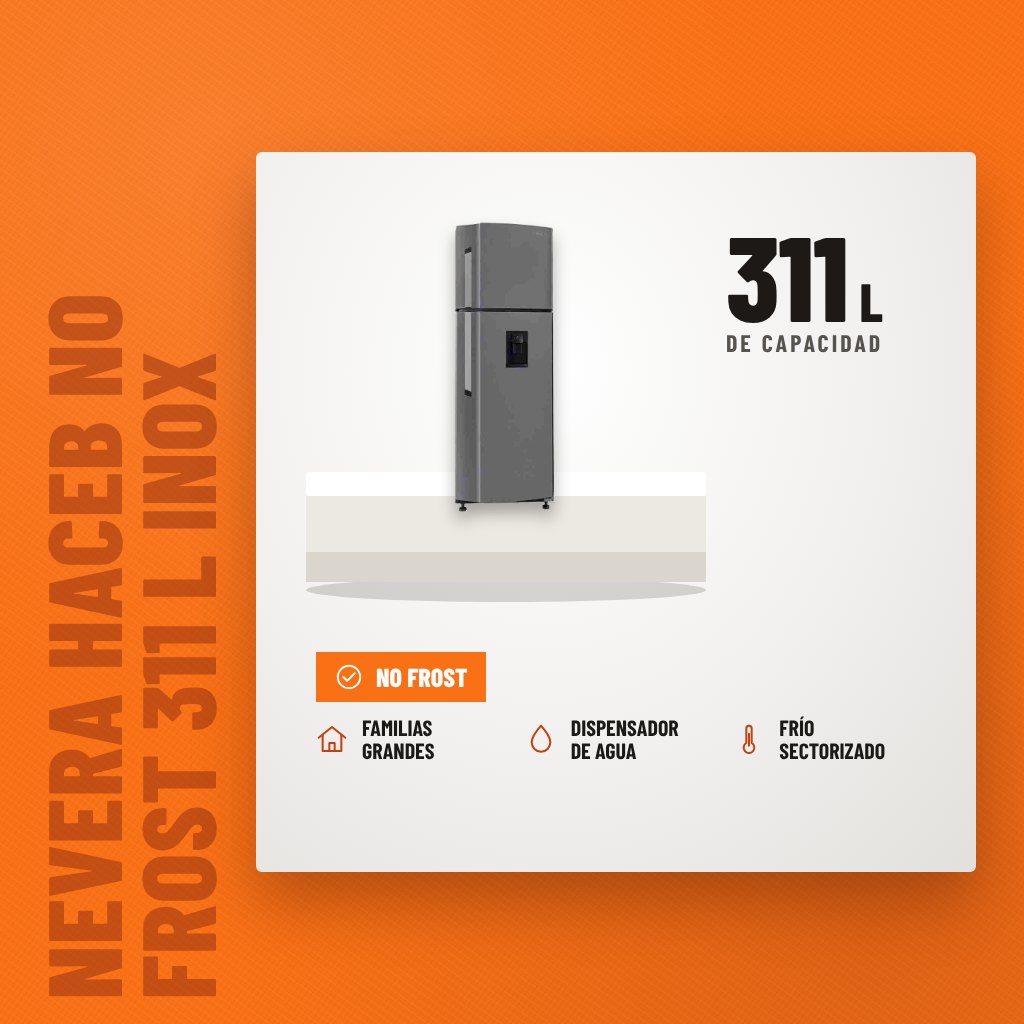 Nevera Haceb No Frost 311 L Inox Manija Externa sobre soporte con sus beneficios principales