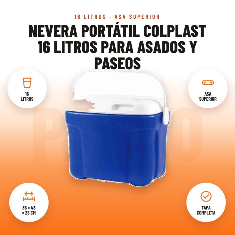 Nevera Portátil Colplast 16 Litros para Asados y Paseos: imagen promocional con 16 litros, asa superior, 36 × 43 × 28 cm, tapa completa