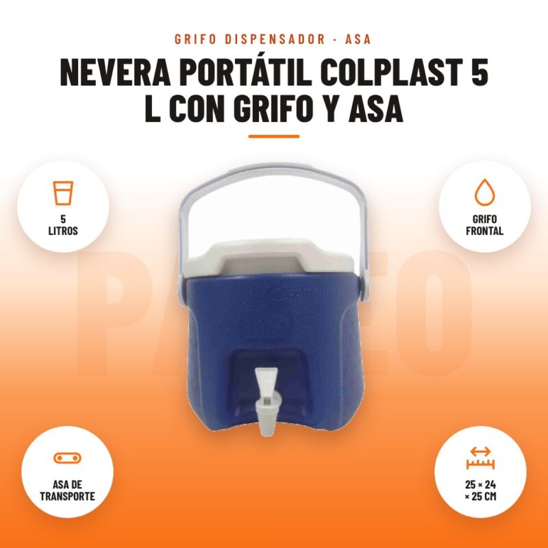 Nevera Portátil Colplast 5 L con Grifo y Asa: imagen promocional con 5 litros, grifo frontal, asa de transporte, 25 × 24 × 25 cm