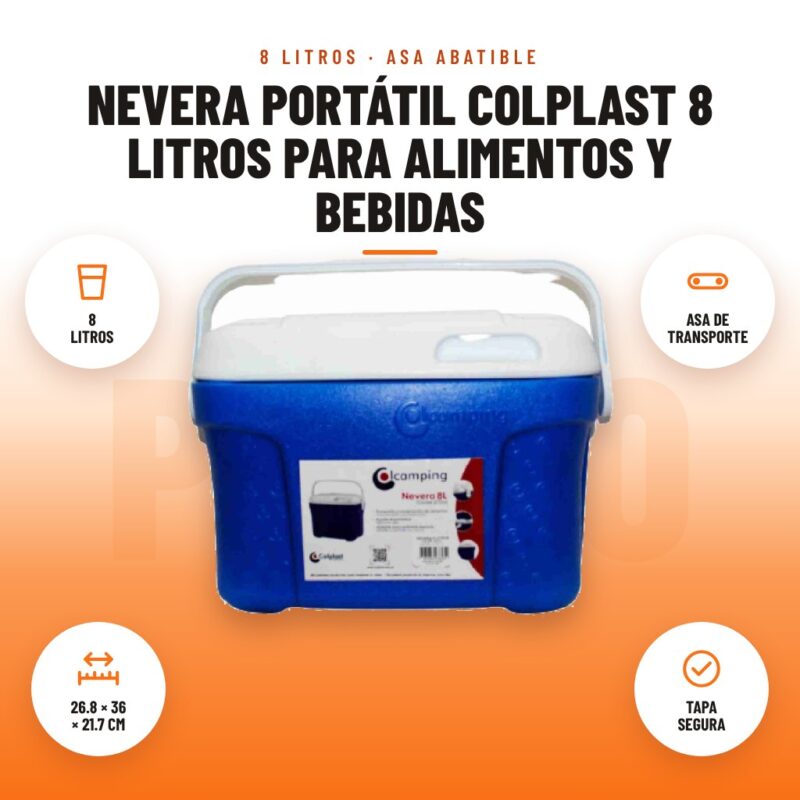Nevera Portátil Colplast 8 Litros para Alimentos y Bebidas: imagen promocional con 8 litros, asa de transporte, 26.8 × 36 × 21.7 cm, tapa segura