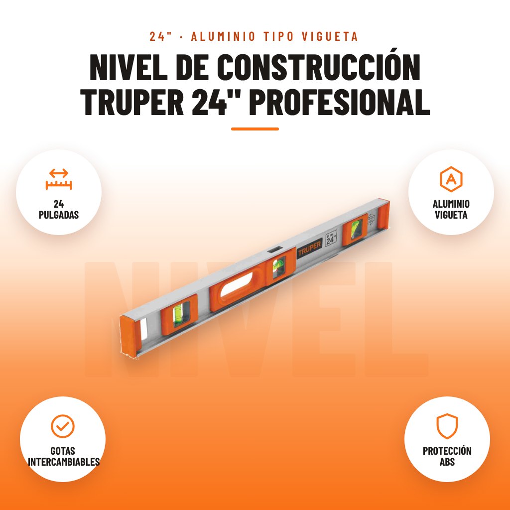Nivel de Construcción Truper 24" Profesional: imagen promocional con 24 pulgadas, aluminio vigueta, gotas intercambiables, protección abs
