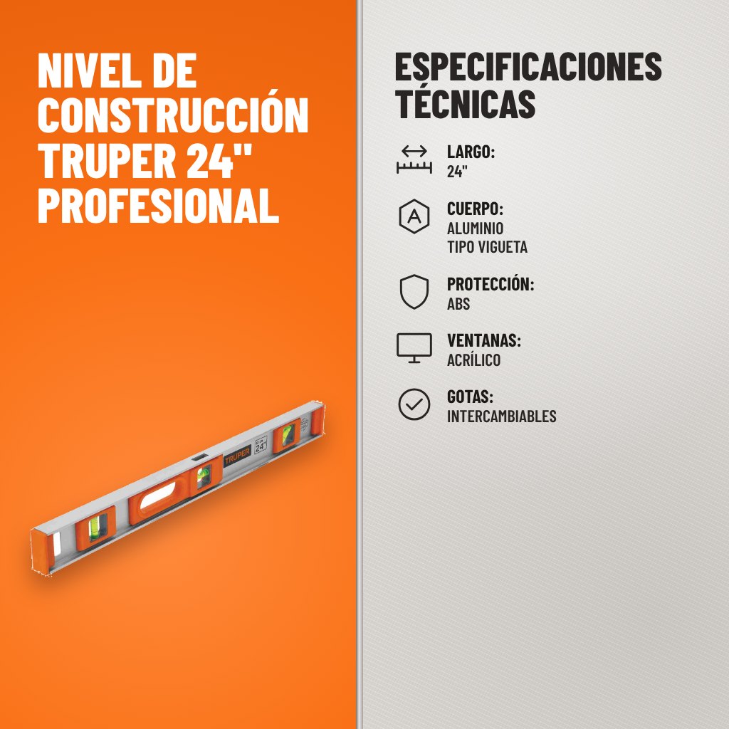 Especificaciones técnicas de Nivel de Construcción Truper 24" Profesional