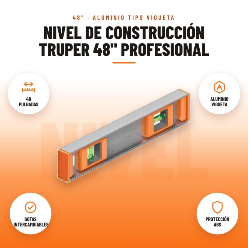 Nivel de Construcción Truper 48" Profesional: imagen promocional con 48 pulgadas, aluminio vigueta, gotas intercambiables, protección abs