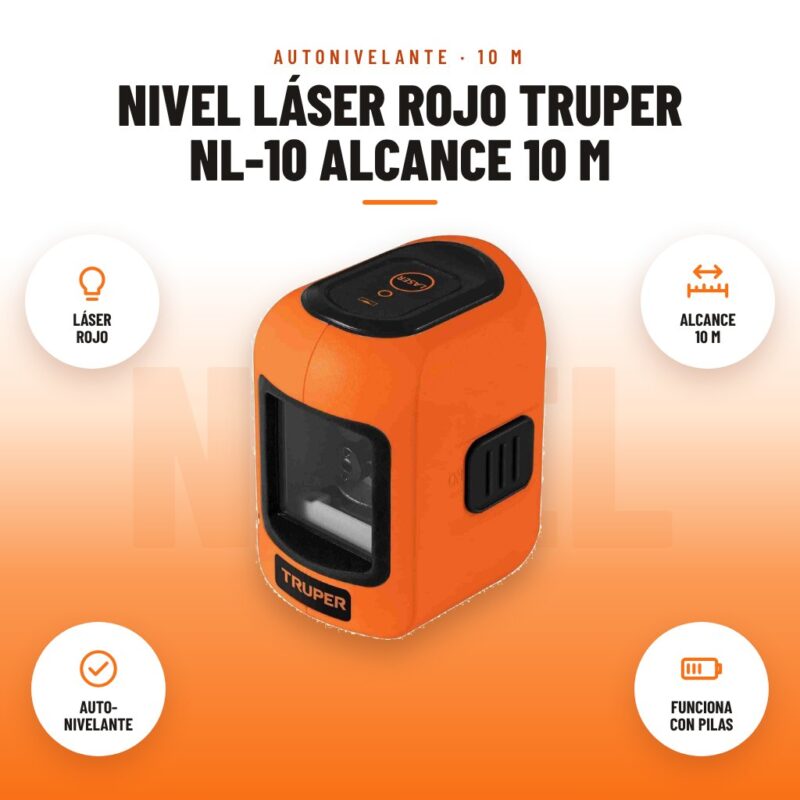 Nivel Láser Rojo Truper NL-10 Alcance 10 m: imagen promocional con láser rojo, alcance 10 m, auto- nivelante, funciona con pilas