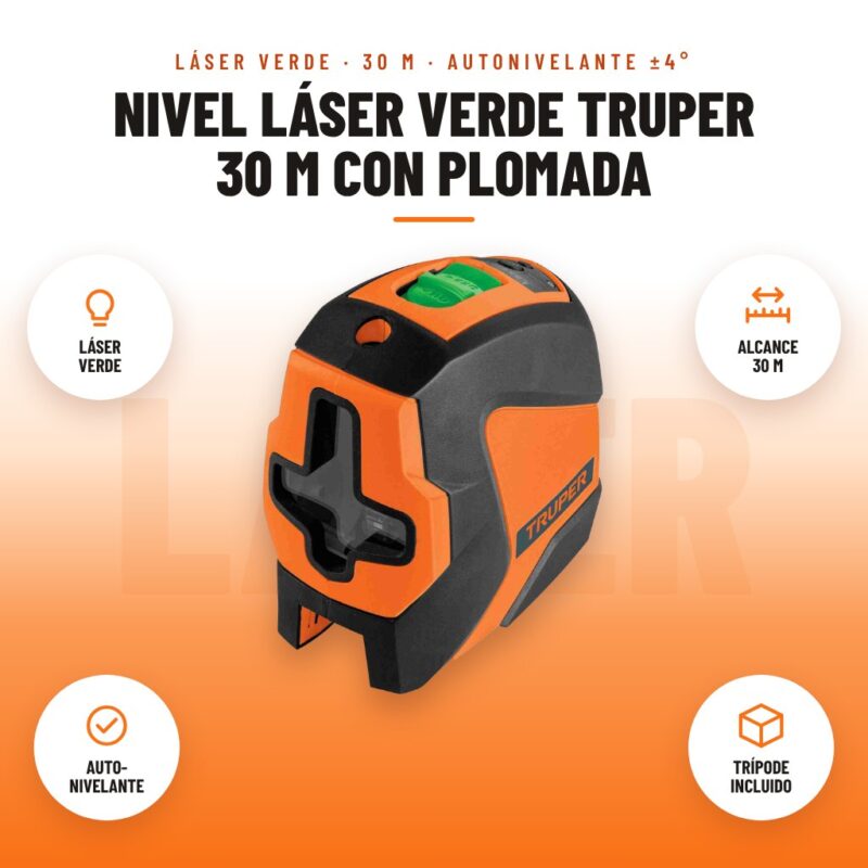 Nivel Láser Verde Truper 30 m con Plomada: imagen promocional con láser verde, alcance 30 m, auto- nivelante, trípode incluido