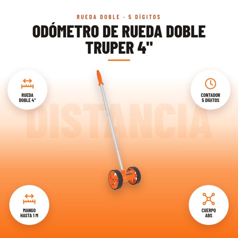 Odómetro de Rueda Doble Truper 4": imagen promocional con rueda doble 4", contador 5 dígitos, mango hasta 1 m, cuerpo abs