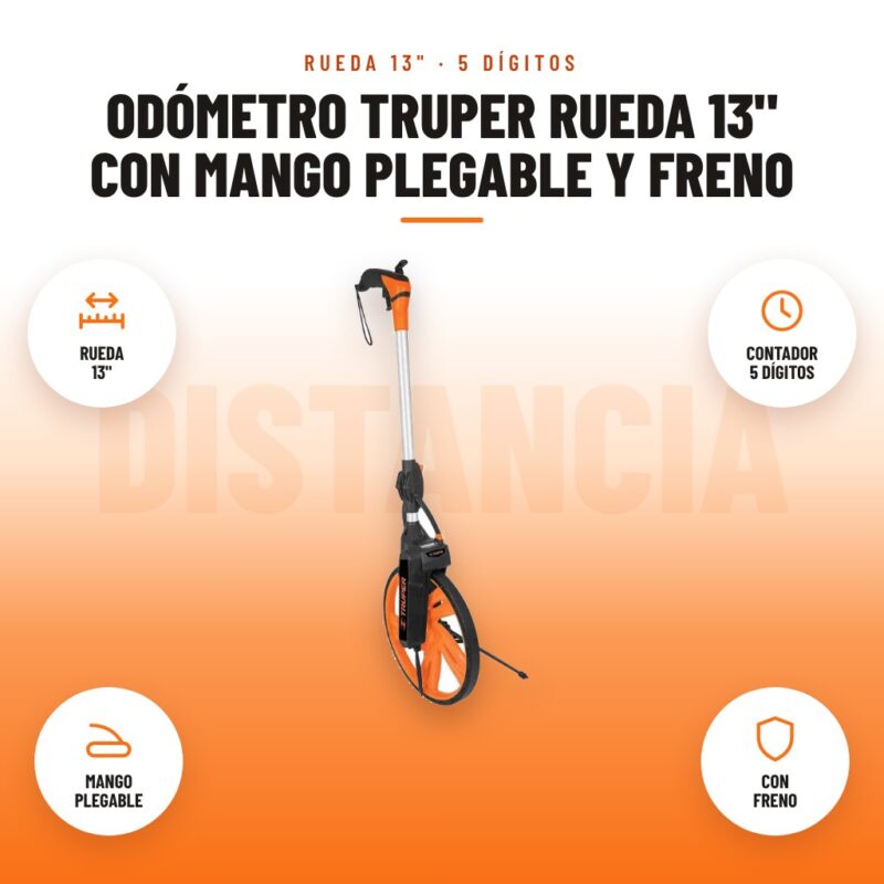 Odómetro Truper Rueda 13" con Mango Plegable y Freno: imagen promocional con rueda 13", contador 5 dígitos, mango plegable, con freno