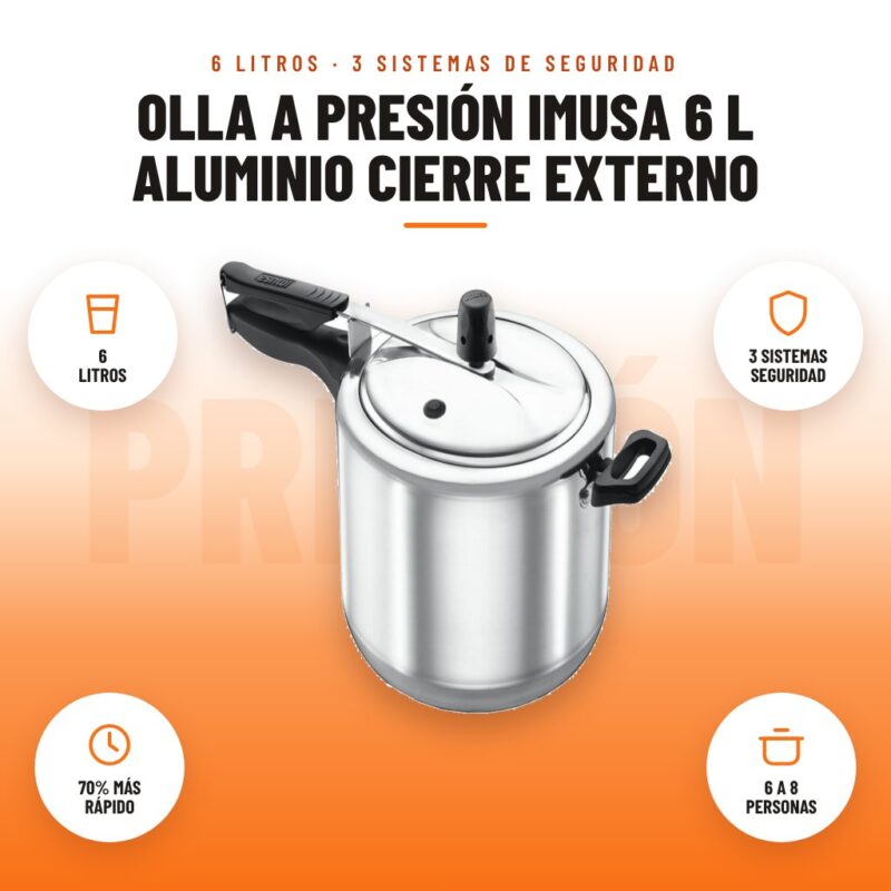 Olla a Presión Imusa 6 L Aluminio Cierre Externo: imagen promocional con 6 litros, 3 sistemas seguridad, 70% más rápido, 6 a 8 personas