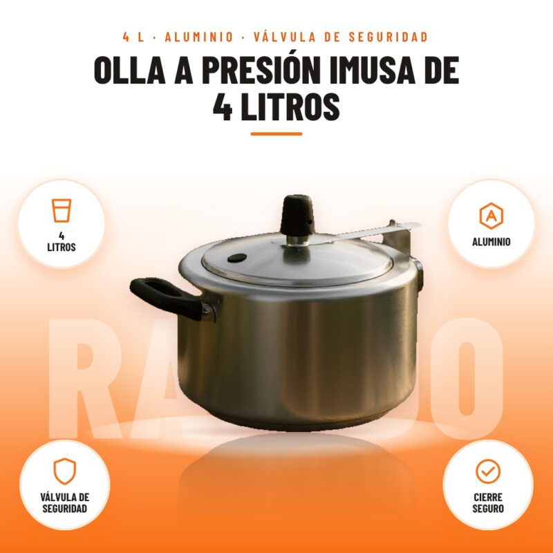 Olla a Presión Imusa de 4 Litros: imagen promocional con 4 litros, aluminio, válvula de seguridad, cierre seguro