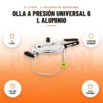Olla a Presión Universal 6 L Aluminio: imagen promocional con 6 litros, 3 sistemas seguridad, 70% más rápido, 6 a 8 porciones