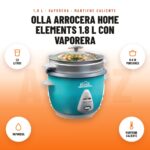Olla Arrocera Home Elements 1.8 L con Vaporera: imagen promocional con 1,8 litros, 8 a 10 porciones, vaporera, mantiene caliente