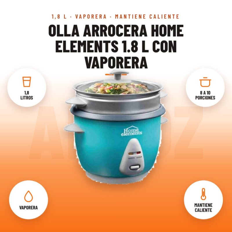 Olla Arrocera Home Elements 1.8 L con Vaporera: imagen promocional con 1,8 litros, 8 a 10 porciones, vaporera, mantiene caliente